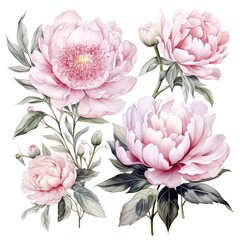 Delicate pink peonies with green leaves isolated on a white background.