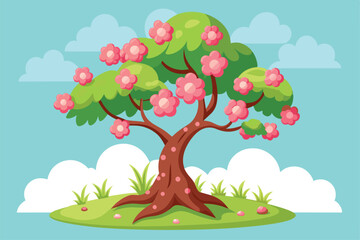 Fototapeta premium A vibrant cherry tree springs to life with pink blossoms, standing on grassy ground against a backdrop of blue sky and soft, white clouds