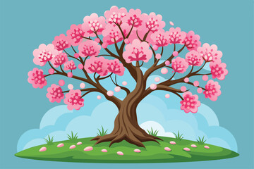 A customizable cherry tree adorned with vibrant pink blossoms stands on a grassy knoll beneath a clear blue sky, creating a tranquil atmosphere