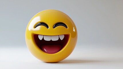 A vibrant 3D-rendered yellow emoticon with a laughing expression, featuring wide open mouth, closed eyes, and raised eyebrows.