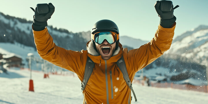 Skier wearing an orange jacket is raising his arms in victory while skiing on a mountain slope