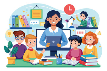 Children actively participate in online learning sessions with a teacher while using laptops, books, and various learning materials