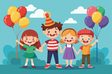 Fototapeta premium Four joyful children cheerfully hold vibrant balloons while celebrating together in a cheerful outdoor setting