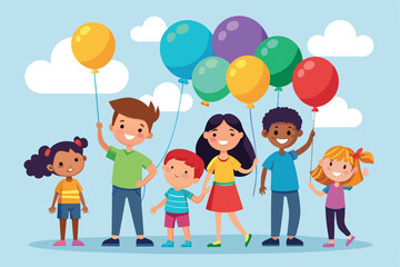 Fototapeta premium Children of diverse backgrounds joyfully hold balloons, playing together in a vibrant park filled with sunshine and fluffy clouds