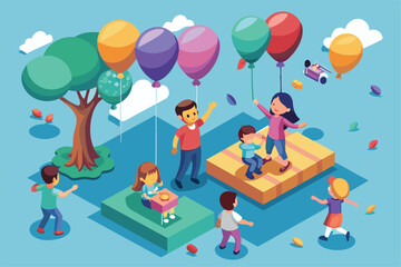Fototapeta premium Children joyfully interact with colorful balloons in a lively park, engaging in play and laughter under a bright sky