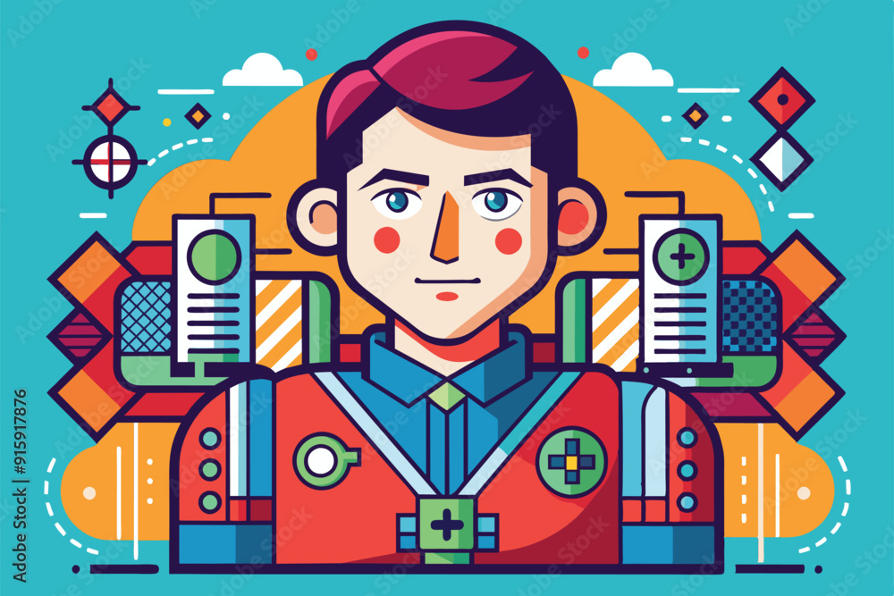 Poster a character in a colorful setting surrounded by tech elements and graphic shapes showcases vibrant a