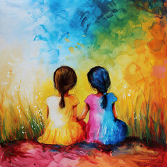Two Young Girls in a Colorful Field.