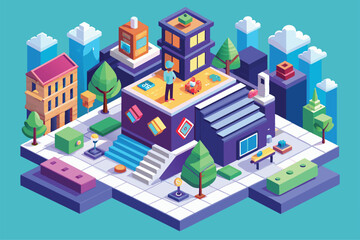 A lively urban neighborhood features people interacting, colorful buildings, trees, and playful design elements under a bright blue sky