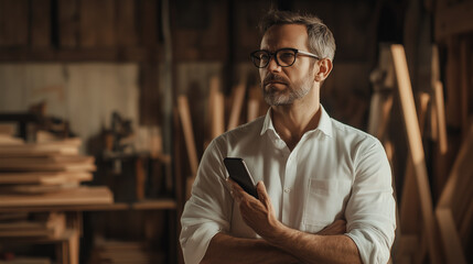 Thoughtful carpenter holding a smartphone and planning his next project in a carpentry workshop, illuminated by warm sunlight