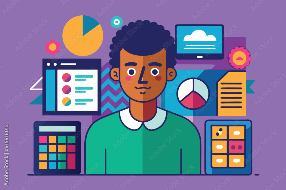 Aufkleber a young person focuses on data analysis, surrounded by charts and digital devices, immersed in an en