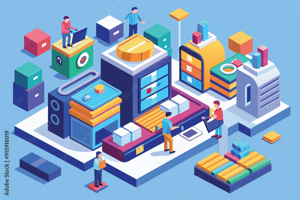 Poster workers engage in various tasks within a colorful warehouse environment, showcasing teamwork and eff