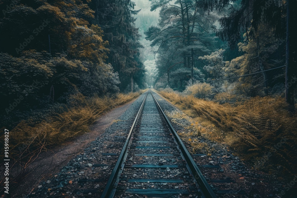 Poster a railroad track running through dense woods, surrounded by trees and foliage