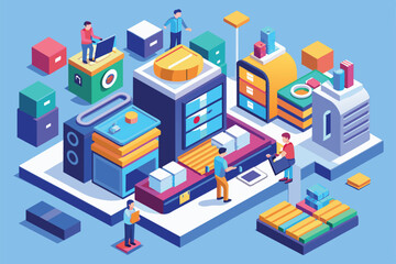 Fototapeta premium Workers engage in various tasks within a colorful warehouse environment, showcasing teamwork and efficiency in a bustling space