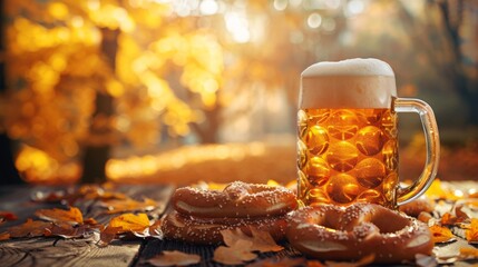 Beer with wheat and pretzels on a wooden table. Oktoberfest.  A photo with a place to copy the text.