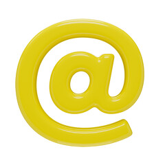 At sign. Email symbol. Typography mark isolated on a transparent background. 3D render of an icon in yellow plastic with a glossy texture.
