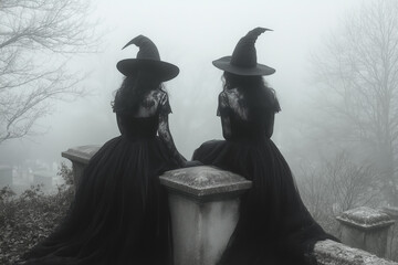 Vintage-style black and white photo of two witches in a traditional black dress ant hat, sitting on a tombstone in a graveyard.