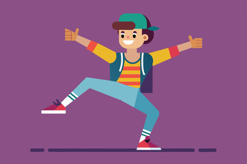 A cheerful choreographer showcases dynamic dance moves with enthusiasm while wearing colorful clothing against a vibrant background