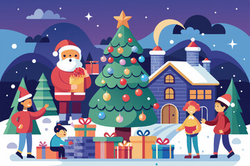 Families gather in a snowy landscape, enjoying a festive charity event with Santa, a decorated tree, and joyful interactions amidst wrapped gifts