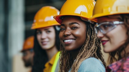 Fototapeta premium Beautiful young girl in work helmet concept for labor day in usa