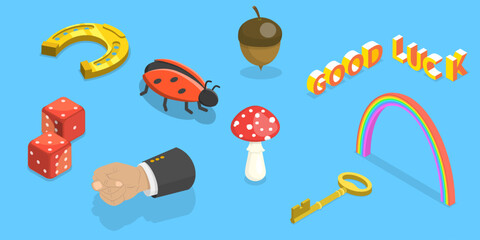3D Isometric Flat Vector Set of Good Luck Symbols, Success and Prosperity