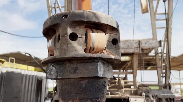Rotating boer working at the site producing gas. Close up. Drilling equipment at work.