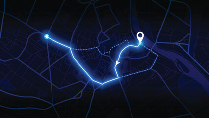 neon GPS road map of Aventure with the arrow that moving to the point of destination