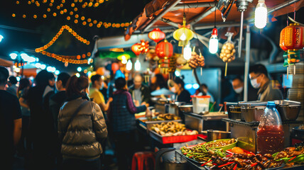 A bustling night market filled with vibrant street food stalls