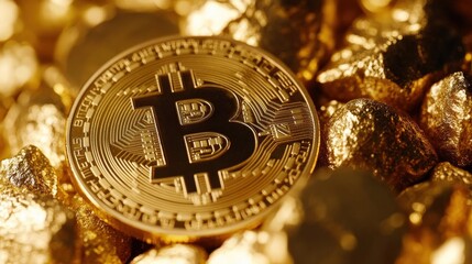 A close-up of a physical Bitcoin coin placed on a pile of gold coins, symbolizing digital wealth and investment.