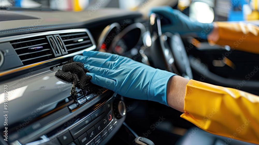 Poster a worker in gloves carefully cleans and polishes the dashboard of a car to enhance its appearance wi