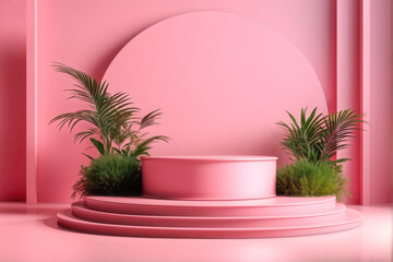 pink podium platform with color plants and pink background for product presentation. The soft pink backdrop and vibrant greenery create a dreamy and feminine atmosphere. generative AI