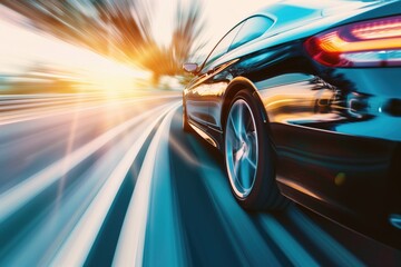 Sleek black sports car driving at high speed on a highway with sunlight reflecting off its surface. Representing concepts of speed, luxury, and advanced automotive technology.