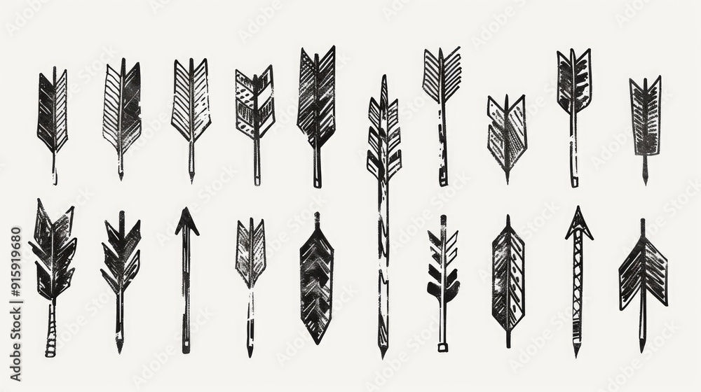 Poster a group of arrows lying flat on a white surface, ideal for use in presentations or designs