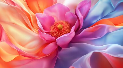 Fototapeta premium A vibrant close-up of a pink and orange flower with flowing petals on a bright background