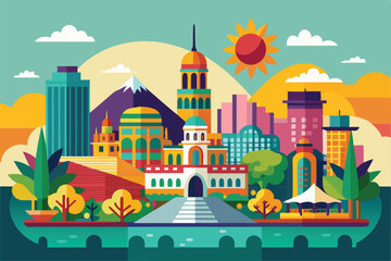 A vibrant cityscape illustration featuring iconic landmarks of Mexico City surrounded by lush greenery and a bright, sunny sky