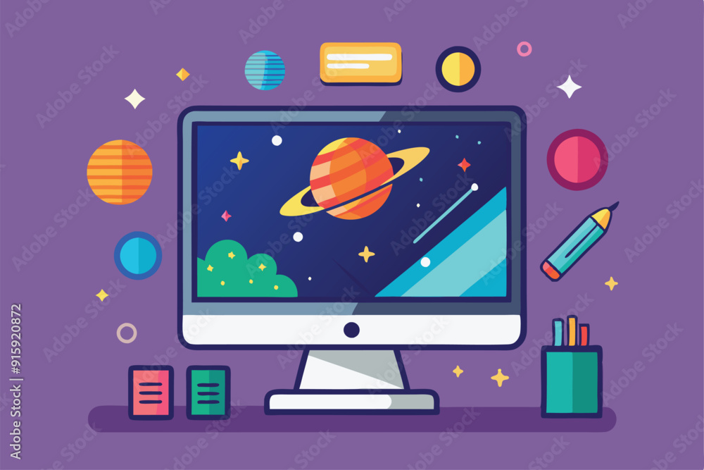 Poster a creative workspace features a computer screen showcasing colorful space graphics, accompanied by a