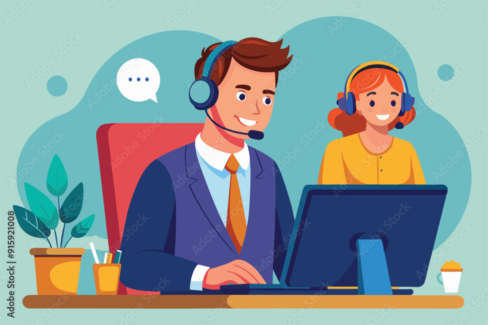 Poster two call center operators interact while assisting clients, showcasing a professional environment fo