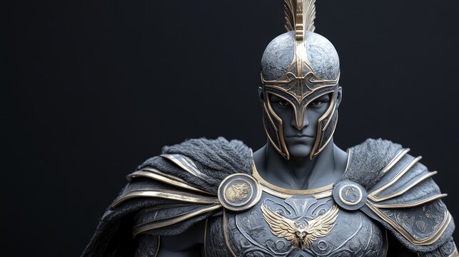 Intense portrayal of Ares, the Greek god of war, donning elaborate battle armor with a fierce expression, ready for combat in this powerful depiction of ancient mythology