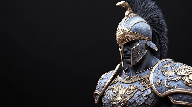 Intense portrayal of Ares, the Greek god of war, donning elaborate battle armor with a fierce expression, ready for combat in this powerful depiction of ancient mythology