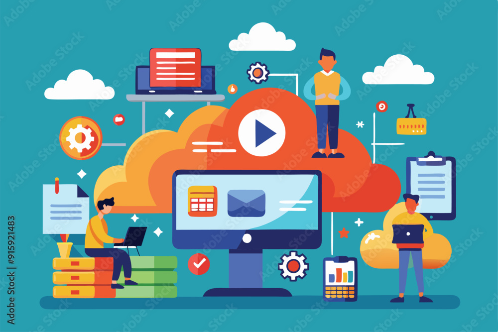 Aufkleber two individuals engage with laptops among cloud icons, showcasing cloud computing concepts with visu