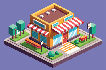 A closed store illustration showcases a colorful building with benches and trees, set on a stylized urban street in an isometric view