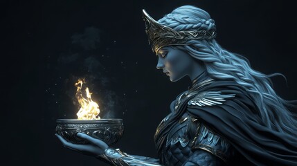 Majestic Depiction of Brigid, the Celtic Goddess of Fire and Inspiration, Holding a Cauldron with a Sacred Flame in a Dark, Mystical Setting