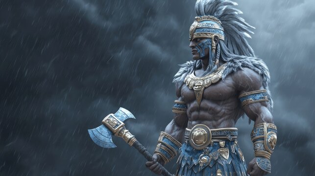Imposing Statue of Chac, the Mayan Rain God, Wielding a Powerful Lightning Axe Amidst a Dark, Stormy Sky