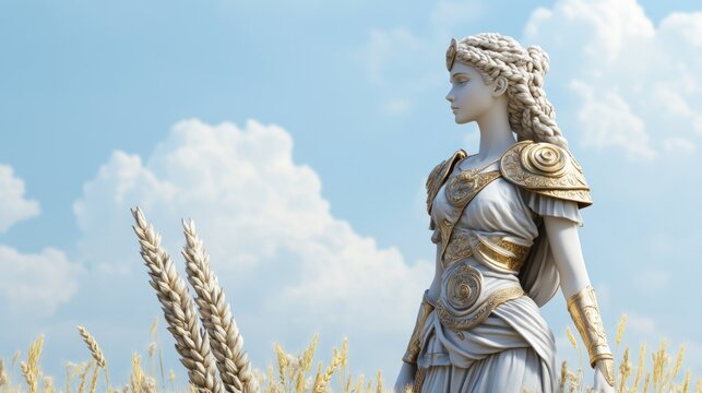 Front View of the Elegant Statue of Demeter, Greek Goddess of Harvest, with a Sheaf of Wheat in a Serene Agricultural Field under Blue Skies