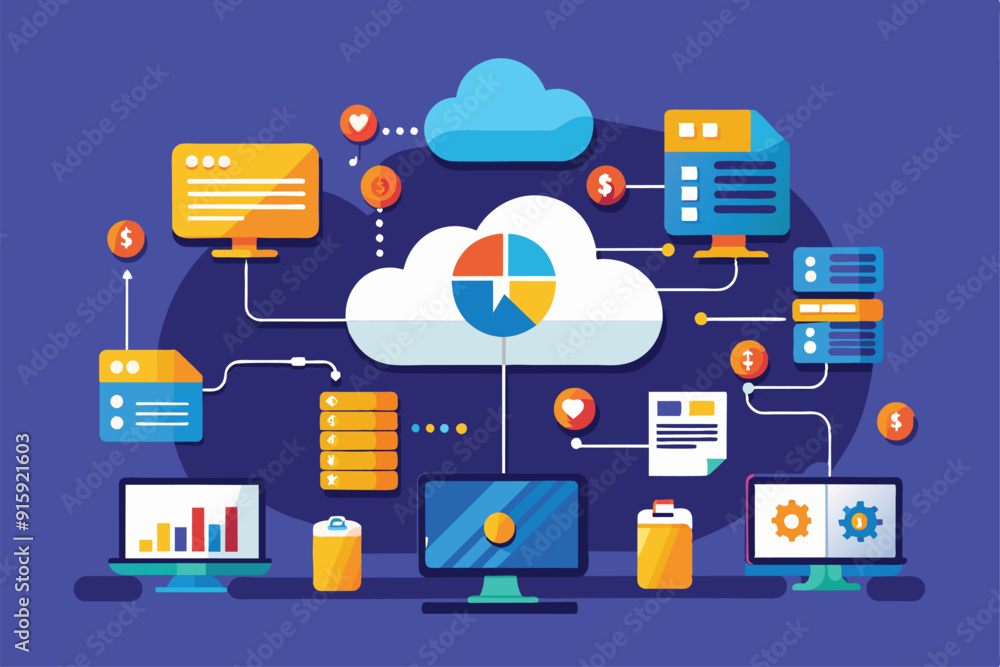Poster a digital representation of cloud data synchronization among various devices, showcasing seamless co