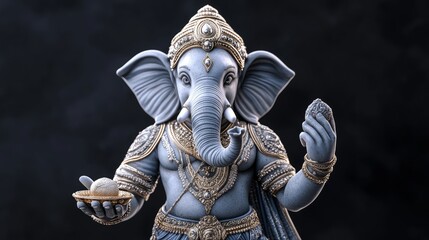 Obraz premium Graceful depiction of Ganesha, the Hindu god of wisdom, holding a modak and a sacred object, symbolizing new beginnings and prosperity