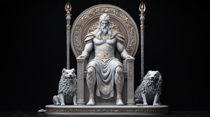 Odin, the Norse Allfather, majestically seated with his wolves by his side, representing divine power and wisdom in ancient mythology