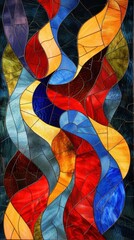 Fototapeta premium Vibrant stained glass showcases flowing patterns in rich colors that beautifully blend together