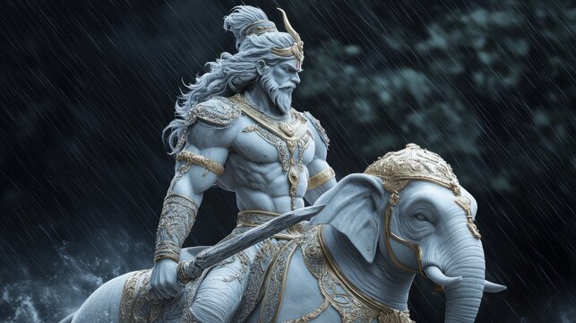 Indra, the Vedic God of Rain and Thunderstorms, Majestically Riding an Armored Elephant in the Midst of a Storm, Symbolizing Divine Power and Weather Control