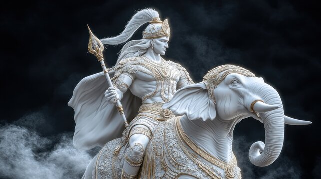 Indra, the Vedic God of Rain and Thunderstorms, Riding a Majestic Armored Elephant in Battle, Symbolizing Power and Divine Authority in Hindu Mythology