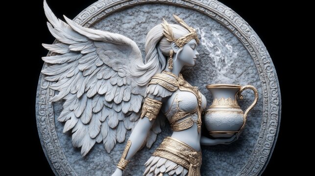 Exquisite stone relief of Ix Chel, the Mayan moon goddess, with intricate feathered wings and a golden vessel emitting mystical vapors